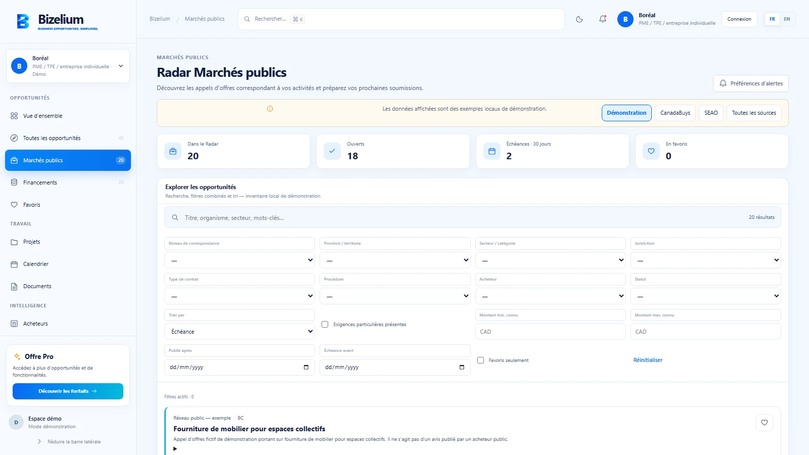 Aperçu du Radar Marchés publics — données de démonstration